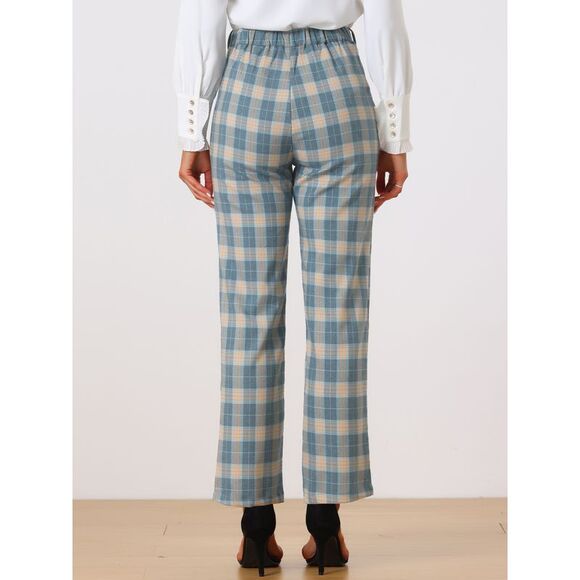 Plaid Pants Elastic Waist Casual Work Office Long Trousers Khaki Gray Blue - Picture 4 of 5